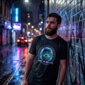 Cyberpunk biker coding graphic tee for software engineers and programmers Ride or Die cyberpunk coding t-shirt for developers and tech riders by ThreadMint