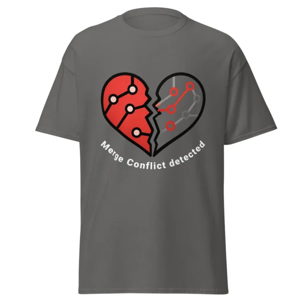 Merge Conflict Detected software engineer graphic tee in charcoal with funny Git coding humor design