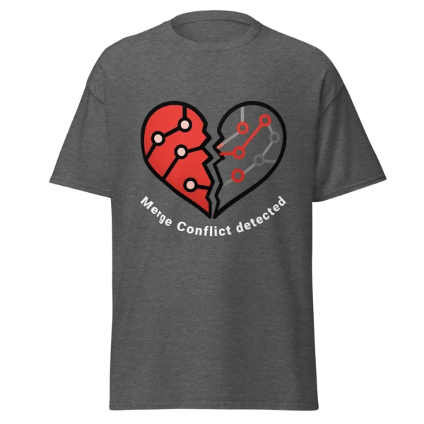 Funny Git developer t-shirt in dark heather featuring Merge Conflict Detected heart branch artwork
