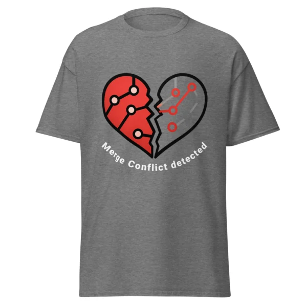 Merge Conflict Detected programmer t-shirt in graphite heather with version control inspired heart design