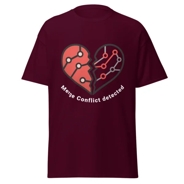 Merge Conflict Detected Git humor t-shirt in maroon for programmers software engineers and developers