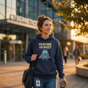 Feature or Bug software developer hoodie with funny cartoon bug design on black unisex hoodie Feature or Bug? Funny Software Engineer Hoodie