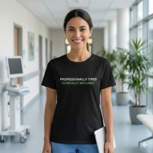 Professionally Tired Clinically Brilliant nurse t-shirt with funny RN quote design Professionally Tired Clinically Brilliant nurse t-shirt with funny RN quote design
