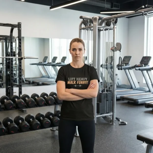 Lift Heavy Walk Funny T-shirt with white and yellow gym slogan and small brain icon