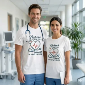 Nurses Heart of Healthcare T-Shirt with stethoscope heart design on white tee Nurses Are the Heart of Healthcare T-Shirt | Nurse Appreciation Gift Tee