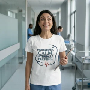 Professionally Calm Internally Beeping t-shirt with stethoscope and red EKG design Professionally Calm Internally Beeping t-shirt with stethoscope and red EKG design