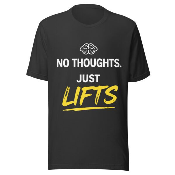No Thoughts Just Lifts dark grey t-shirt with bold yellow workout typography for gym lovers
