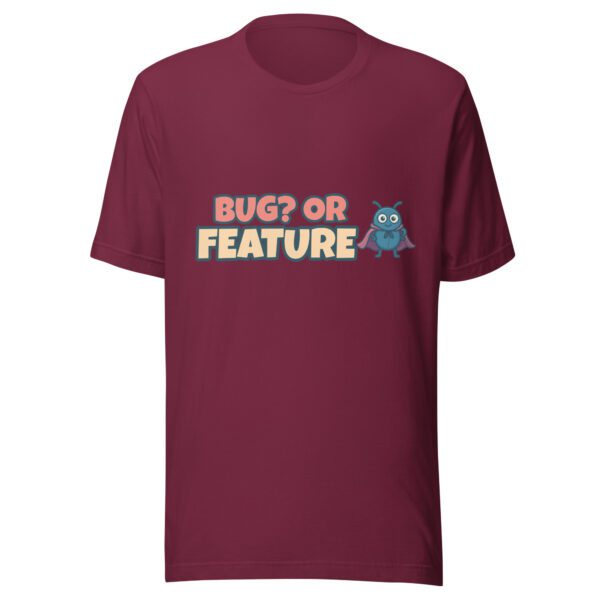 Bug or Feature T-Shirt in maroon with retro developer humor design and cute bug character