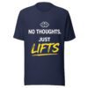 No Thoughts Just Lifts navy t-shirt featuring funny fitness quote design for weightlifters