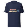 Bug or Feature T-Shirt in navy for QA engineers, programmers, and software testing humor fans