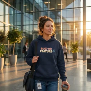 Bug or Feature hoodie with developer and software testing joke design
