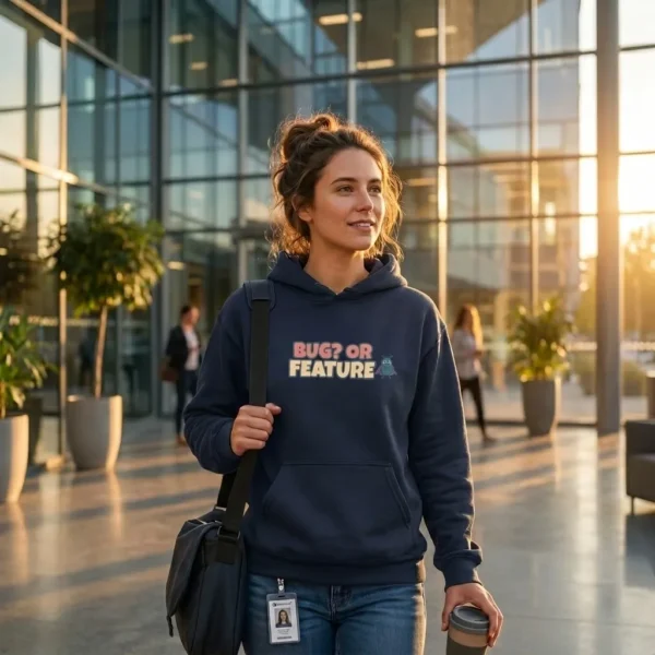 Bug or Feature hoodie with developer and software testing joke design