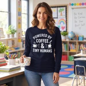 Powered by Coffee and Tiny Humans Long SleevePowered by Coffee and Tiny Humans Long Sleeve Woman wearing a Powered by Coffee and Tiny Humans long sleeve shirt, holding a coffee mug in a classroom.
