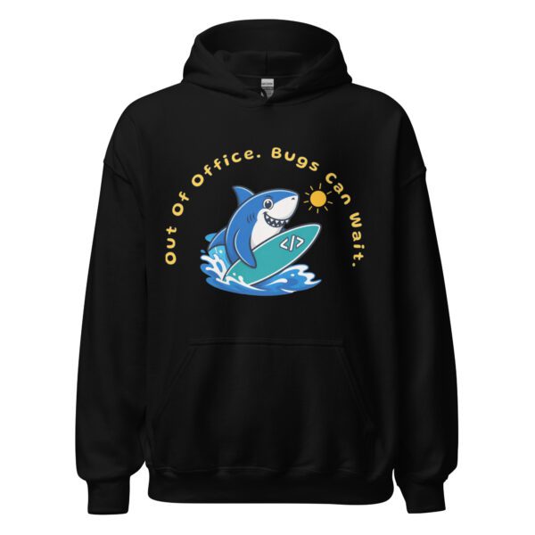 Bugs Can Wait Hoodie in black with Out Of Office developer humor design