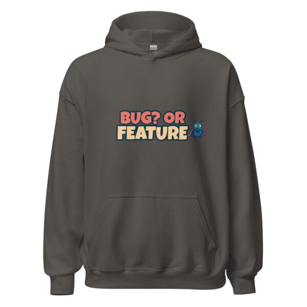 Bug or Feature charcoal hoodie with funny software testing humor design