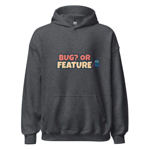 Bug or Feature hoodie in dark heather for programmers and QA engineers