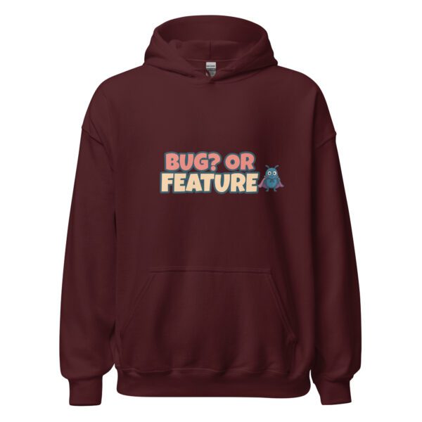 Funny Bug or Feature maroon hoodie for software developers and tech teams