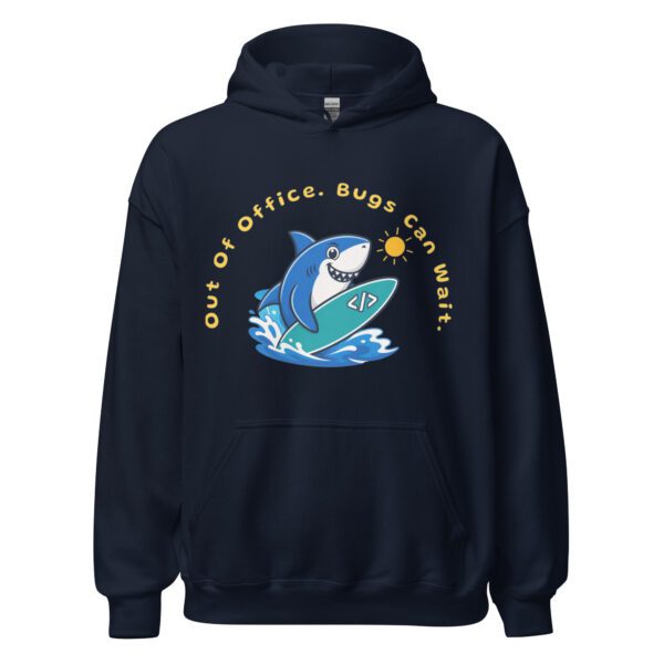 Bugs Can Wait Hoodie in navy with funny coding and debugging quote
