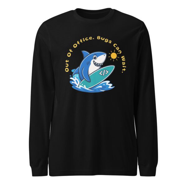 Out Of Office Bugs Can Wait long sleeve tee in black for software engineers and developers