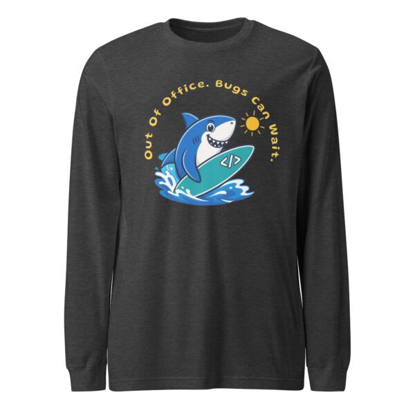 Out Of Office Bugs Can Wait dark grey heather long sleeve tee with funny coding humor design