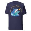 Software engineer Out Of Office Bugs Can Wait t-shirt in dark navy with shark surfing design