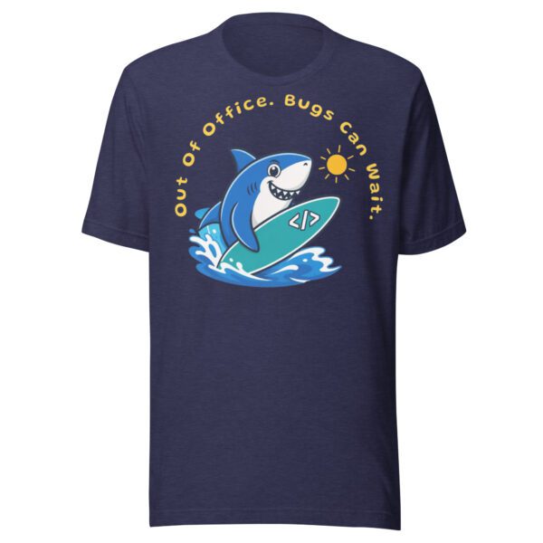 Software engineer Out Of Office Bugs Can Wait t-shirt in dark navy with shark surfing design
