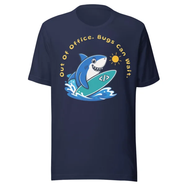 Software engineer Out Of Office Bugs Can Wait t-shirt in dark navy with shark surfing design