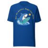 Out Of Office Bugs Can Wait coding t-shirt in royal blue with shark and surfboard design