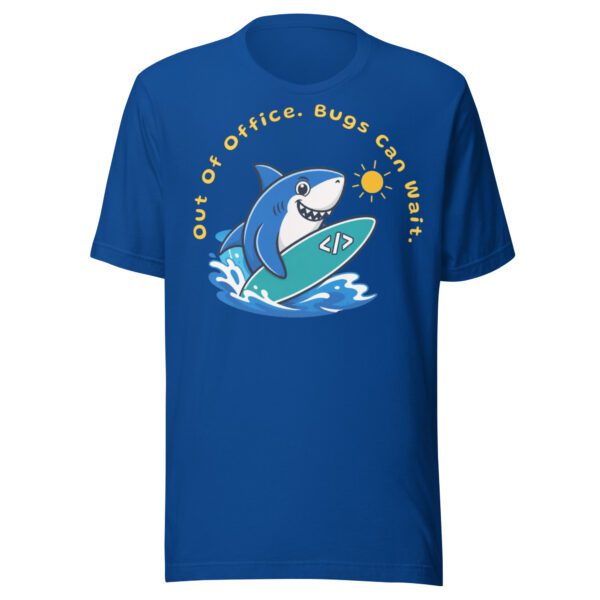 Out Of Office Bugs Can Wait coding t-shirt in royal blue with shark and surfboard design