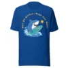 Out Of Office Bugs Can Wait coding t-shirt in royal blue with shark and surfboard design