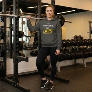 No Thoughts Just Lifts Hoodie with funny gym workout design