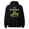 No Thoughts Just Lifts Hoodie in black with funny gym workout design