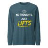 No Thoughts Just Lifts Tee in heather deep teal with weightlifting humor design