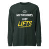 No Thoughts Just Lifts Tee in heather forest for fitness fans and gym rats