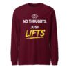 No Thoughts Just Lifts Tee in maroon with funny lifting motivation quote