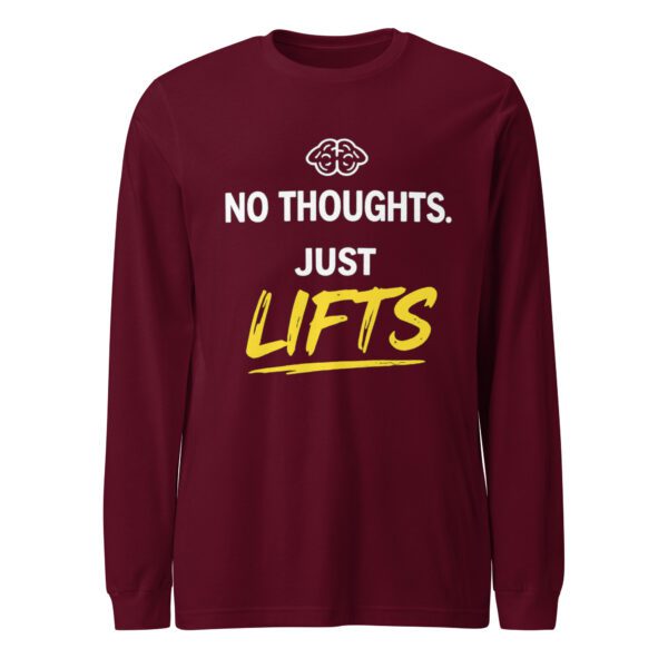 No Thoughts Just Lifts Tee in maroon with funny lifting motivation quote