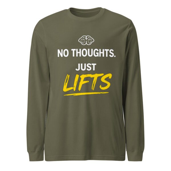 No Thoughts Just Lifts Tee in military green for weightlifters and workout lovers