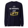 No Thoughts Just Lifts Tee in navy with bold gym humor design