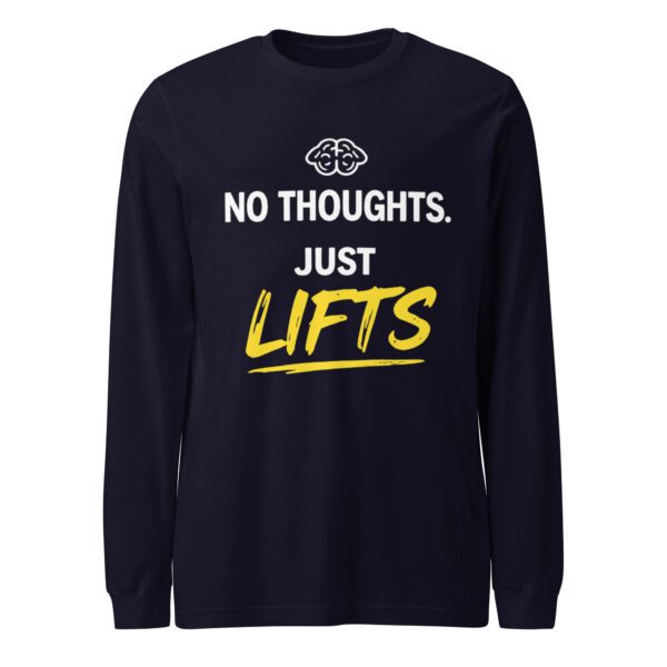 No Thoughts Just Lifts Tee in navy with bold gym humor design