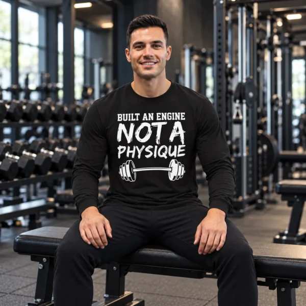 Build an Engine Not a Physique Long Sleeve Gym Shirt Seated model wearing a black long sleeve gym shirt with white “Built an Engine Not a Physique” lettering and a barbell graphic.