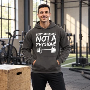 Build an Engine Not a Physique Gym Hoodie Model wearing a charcoal gym hoodie with white “Built an Engine Not a Physique” lettering and a barbell graphic in a training gym.