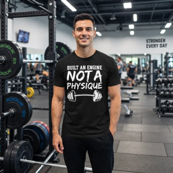 Build an Engine Not a Physique Gym T-Shirt Lifestyle Mockup Male athlete wearing Build an Engine Not a Physique T-shirt in gym