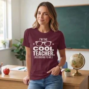 Funny Teacher T-Shirt – I’m the Cool Teacher Classroom Mockup Female teacher wearing maroon I’m the Cool Teacher funny teacher T-shirt in classroom