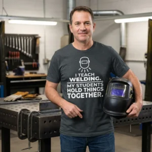 Welding instructor wearing dark heather I Teach Welding teacher T-shirt in workshop