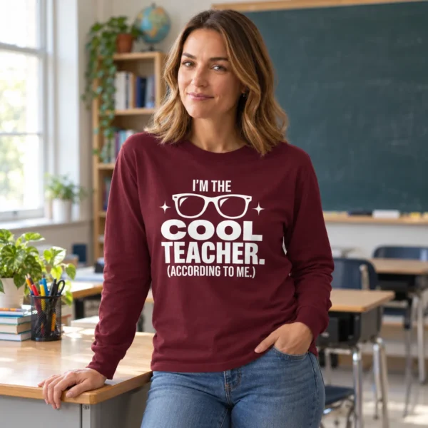 Woman wearing an “I’m the Cool Teacher (According to Me)” long sleeve shirt beside a classroom desk.