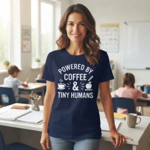 Female teacher wearing Powered by Coffee and Tiny Humans teacher T-shirt in classroom