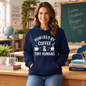 Powered by Coffee and Tiny Humans Teacher Hoodie Model Mockup Powered by Coffee and Tiny Humans teacher hoodie model mockup