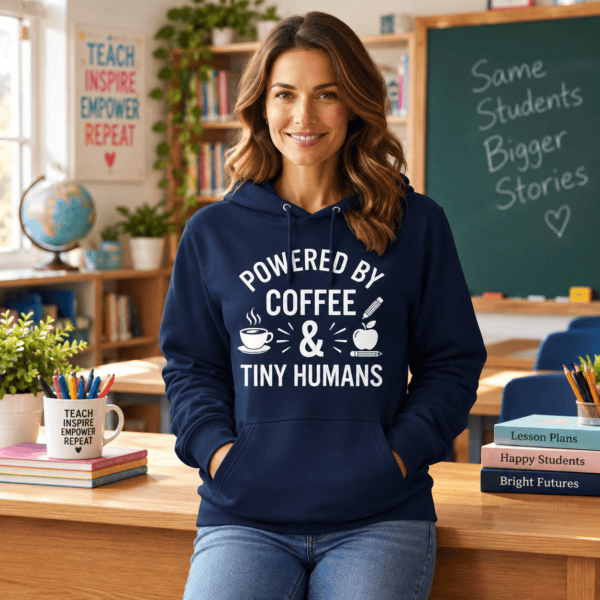 Powered by Coffee and Tiny Humans Teacher Hoodie Model Mockup Powered by Coffee and Tiny Humans teacher hoodie model mockup