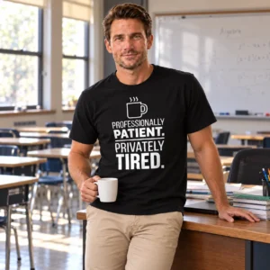 Professionally Patient Privately Tired unisex T-shirt, holding a coffee mug beside a teacher’s desk in a classroom.