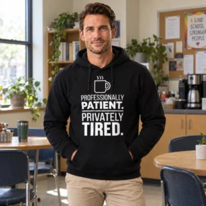 Professionally Patient Privately Tired Unisex Hoodie | ThreadMint Professionally Patient Privately Tired unisex hoodie with a coffee cup graphic in a teachers’ staff lounge.